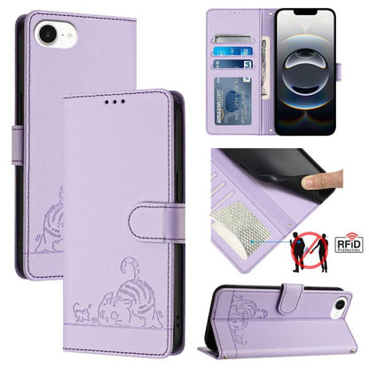 For iPhone SE 2024 Cat Rat Embossed Pattern RFID Leather Phone Case with Lanyard(Purple) by buy2fix