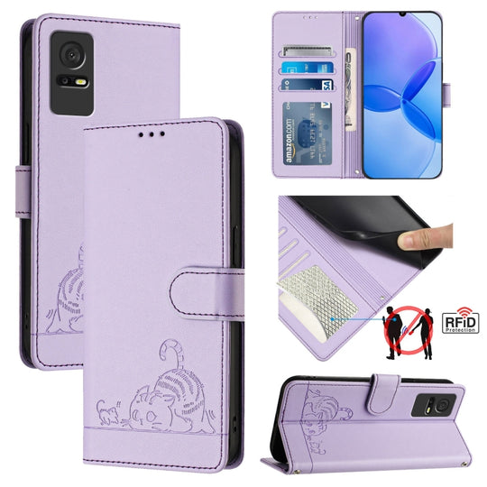 For TCL 405 / 406 / 408 Cat Rat Embossed Pattern RFID Leather Phone Case with Lanyard(Purple)