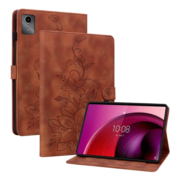 For Lenovo Tab M11/Xiaoxin Pad 11 2024 Lily Embossed Leather Tablet Case(Brown) - Lenovo by buy2fix | Online Shopping UK | buy2fix