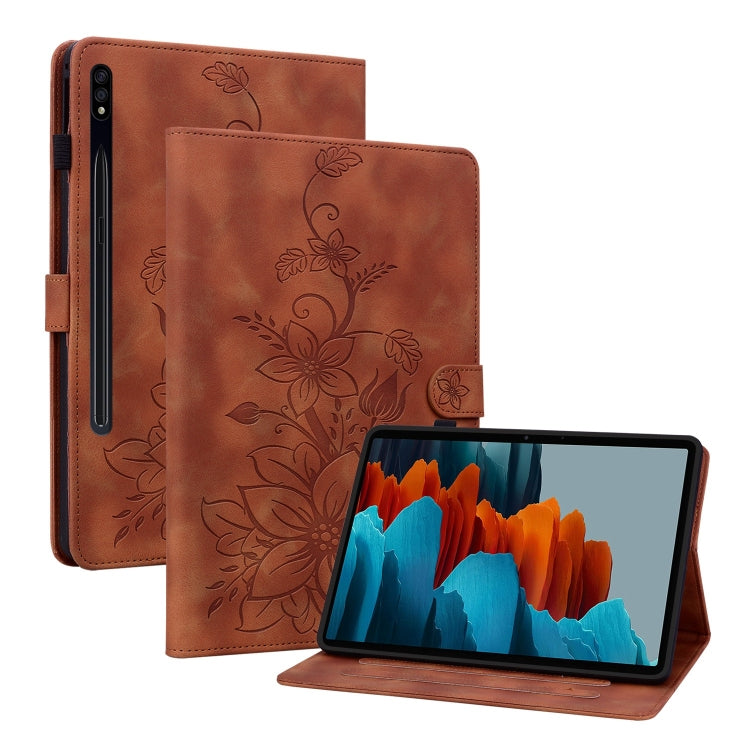 For Samsung Galaxy Tab S7 FE/S8+/S7+ Lily Embossed Leather Tablet Case(Brown) by buy2fix