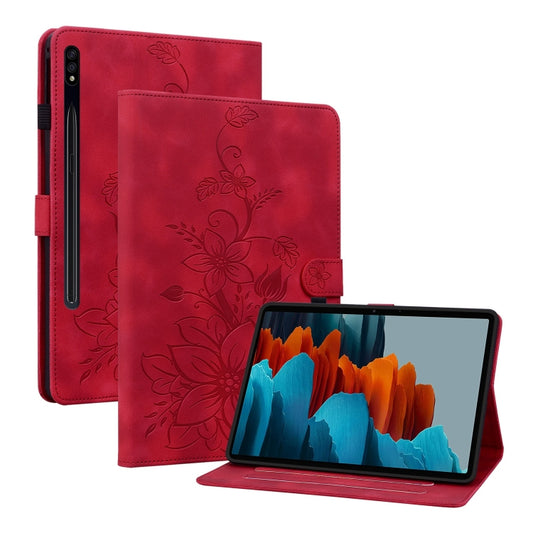 For Samsung Galaxy Tab S7 / S8 Lily Embossed Leather Tablet Case(Red) by buy2fix