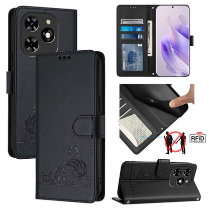 For Tecno Spark GO 2024 Cat Rat Embossed Pattern RFID Leather Phone Case with Lanyard(Black) by buy2fix