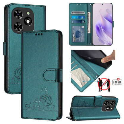 For Tecno Spark GO 2024 Cat Rat Embossed Pattern RFID Leather Phone Case with Lanyard(Peacock Green) by buy2fix