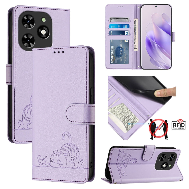For Tecno Spark GO 2024 Cat Rat Embossed Pattern RFID Leather Phone Case with Lanyard(Purple) by buy2fix