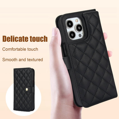 For iPhone 15 Pro Max Crossbody Multifunction Rhombic Leather Phone Case(Black) - iPhone 15 Pro Max Cases by buy2fix | Online Shopping UK | buy2fix