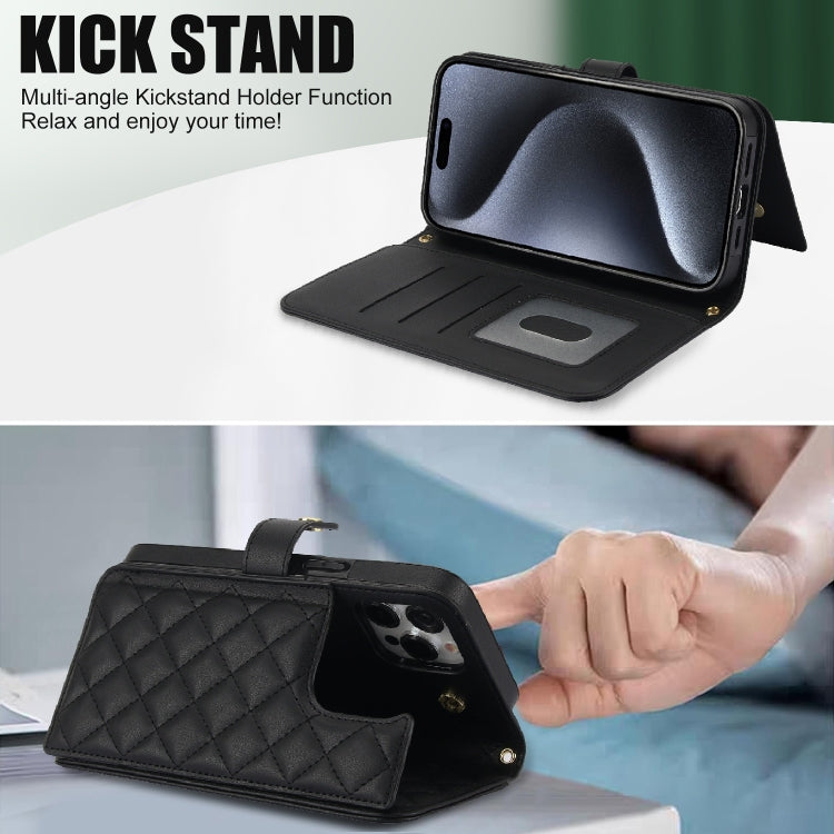 For iPhone 15 Pro Max Crossbody Multifunction Rhombic Leather Phone Case(Black) - iPhone 15 Pro Max Cases by buy2fix | Online Shopping UK | buy2fix