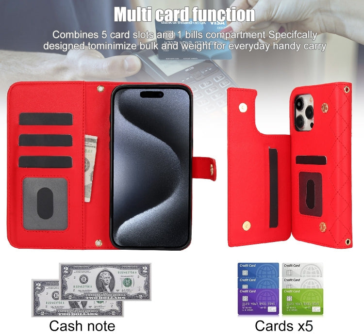 For iPhone 15 Pro Max Crossbody Multifunction Rhombic Leather Phone Case(Red) - iPhone 15 Pro Max Cases by buy2fix | Online Shopping UK | buy2fix