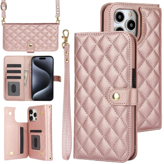 For iPhone 15 Pro Max Crossbody Multifunction Rhombic Leather Phone Case(Rose Gold) - iPhone 15 Pro Max Cases by buy2fix | Online Shopping UK | buy2fix