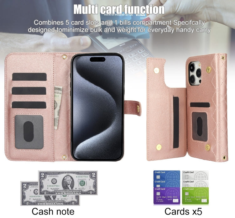 For iPhone 15 Pro Max Crossbody Multifunction Rhombic Leather Phone Case(Rose Gold) - iPhone 15 Pro Max Cases by buy2fix | Online Shopping UK | buy2fix
