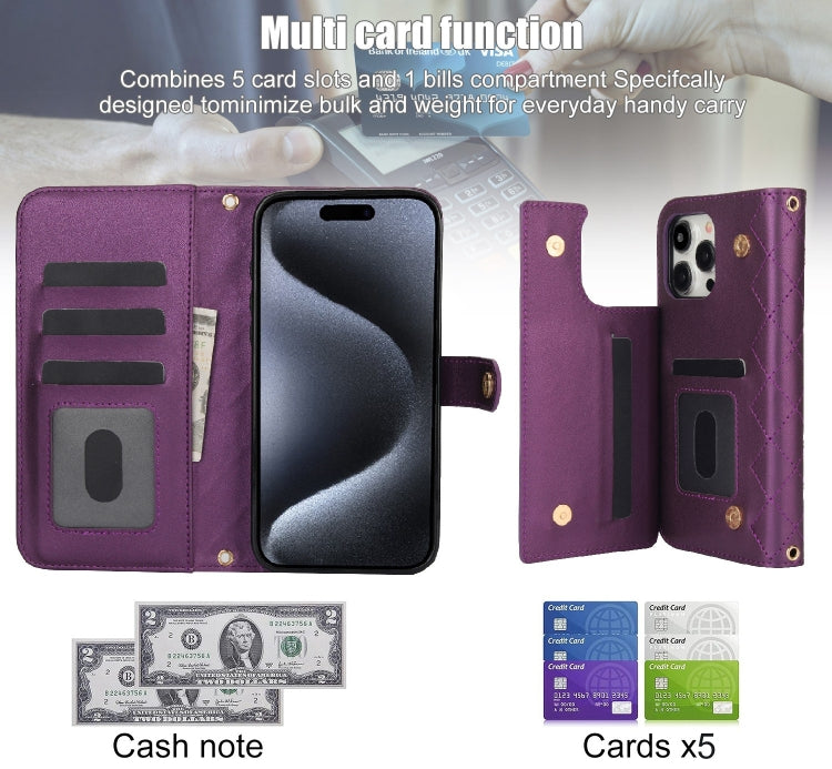 For iPhone 15 Pro Max Crossbody Multifunction Rhombic Leather Phone Case(Dark Purple) - iPhone 15 Pro Max Cases by buy2fix | Online Shopping UK | buy2fix