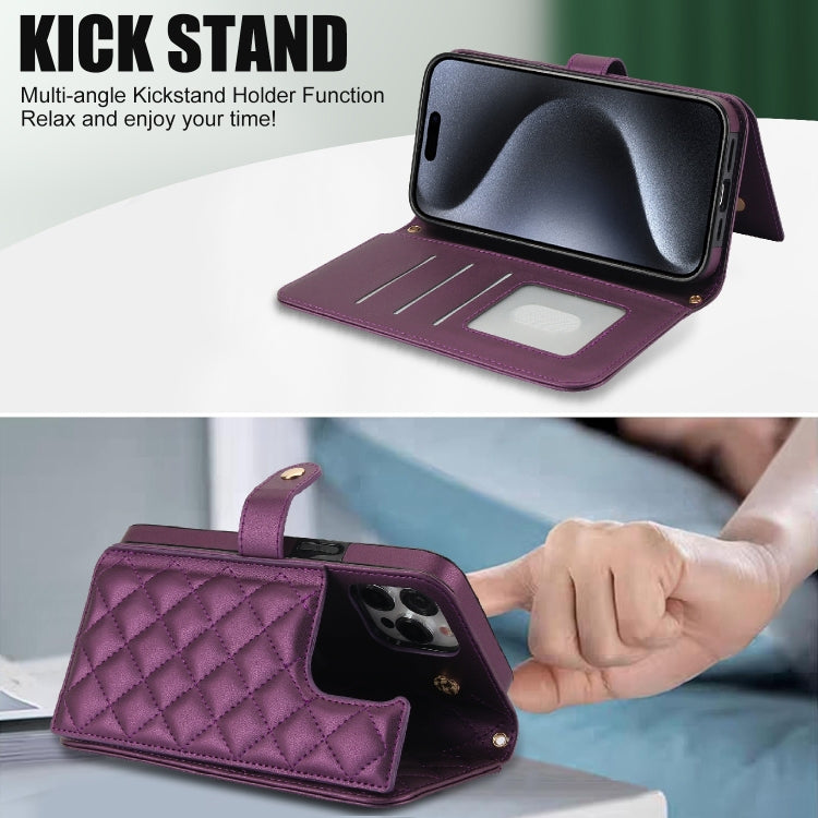 For iPhone 15 Pro Max Crossbody Multifunction Rhombic Leather Phone Case(Dark Purple) - iPhone 15 Pro Max Cases by buy2fix | Online Shopping UK | buy2fix