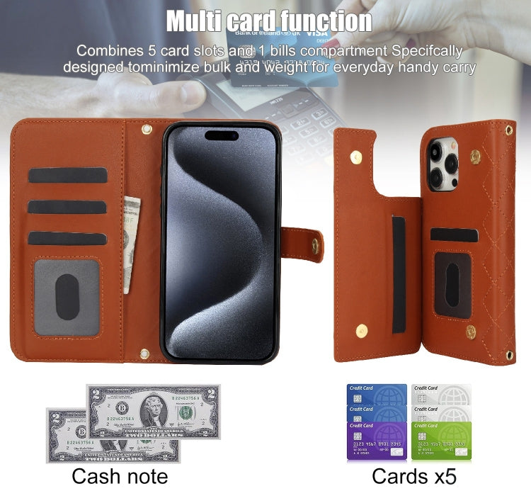 For iPhone 15 Pro Max Crossbody Multifunction Rhombic Leather Phone Case(Brown) - iPhone 15 Pro Max Cases by buy2fix | Online Shopping UK | buy2fix