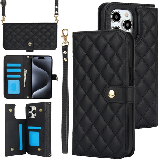 For iPhone 15 Pro Crossbody Multifunction Rhombic Leather Phone Case(Black) - iPhone 15 Pro Cases by buy2fix | Online Shopping UK | buy2fix