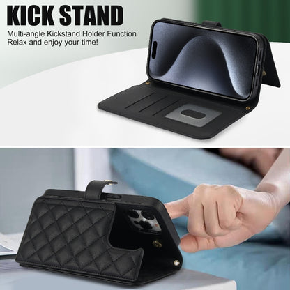 For iPhone 15 Pro Crossbody Multifunction Rhombic Leather Phone Case(Black) - iPhone 15 Pro Cases by buy2fix | Online Shopping UK | buy2fix