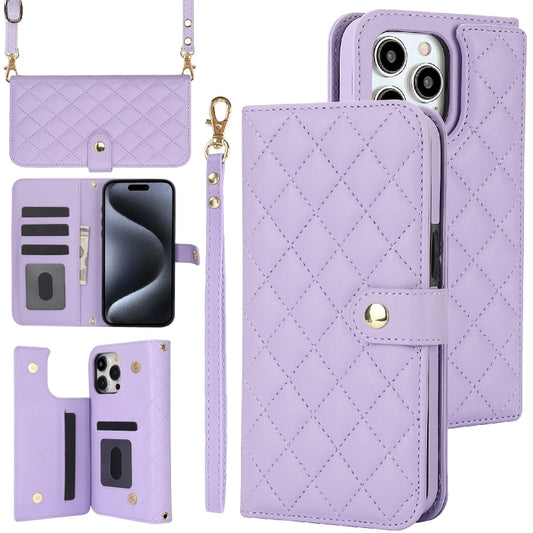For iPhone 15 Pro Crossbody Multifunction Rhombic Leather Phone Case(Purple) - iPhone 15 Pro Cases by buy2fix | Online Shopping UK | buy2fix