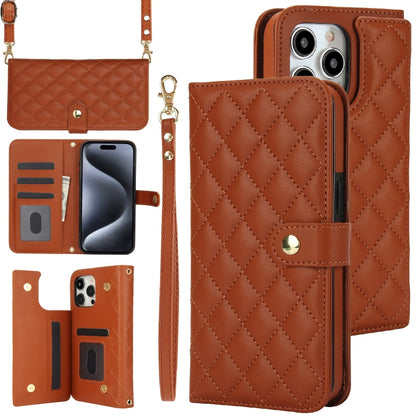For iPhone 15 Pro Crossbody Multifunction Rhombic Leather Phone Case(Brown) - iPhone 15 Pro Cases by buy2fix | Online Shopping UK | buy2fix