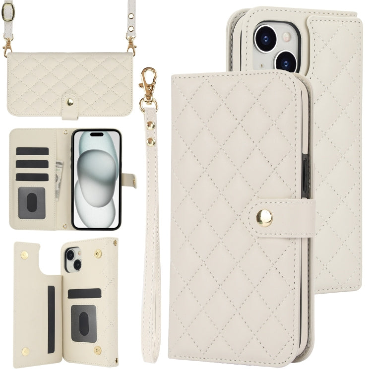 For iPhone 15 Plus Crossbody Multifunction Rhombic Leather Phone Case(White) - iPhone 15 Plus Cases by buy2fix | Online Shopping UK | buy2fix