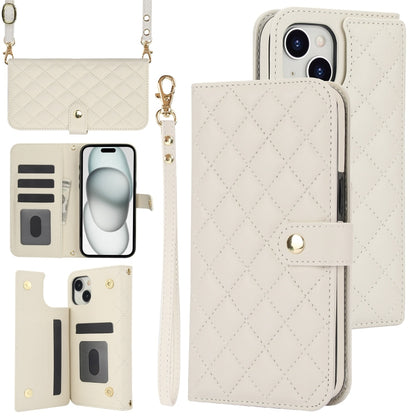 For iPhone 15 Plus Crossbody Multifunction Rhombic Leather Phone Case(White) - iPhone 15 Plus Cases by buy2fix | Online Shopping UK | buy2fix