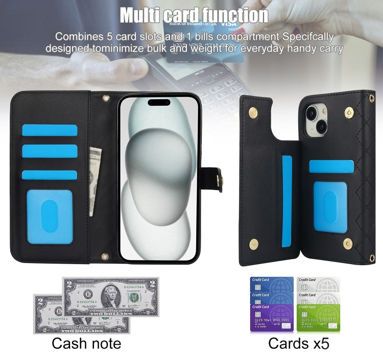 For iPhone 15 Plus Crossbody Multifunction Rhombic Leather Phone Case(Black) - iPhone 15 Plus Cases by buy2fix | Online Shopping UK | buy2fix