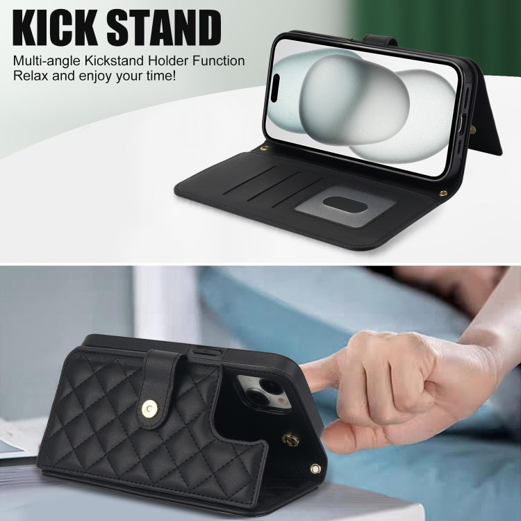 For iPhone 15 Plus Crossbody Multifunction Rhombic Leather Phone Case(Black) - iPhone 15 Plus Cases by buy2fix | Online Shopping UK | buy2fix