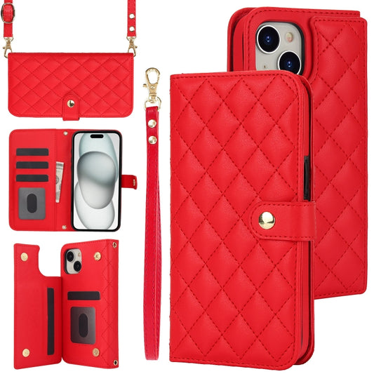 For iPhone 15 Plus Crossbody Multifunction Rhombic Leather Phone Case(Red) - iPhone 15 Plus Cases by buy2fix | Online Shopping UK | buy2fix