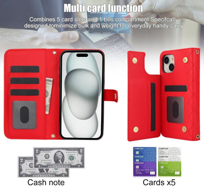For iPhone 15 Plus Crossbody Multifunction Rhombic Leather Phone Case(Red) - iPhone 15 Plus Cases by buy2fix | Online Shopping UK | buy2fix