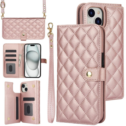 For iPhone 15 Plus Crossbody Multifunction Rhombic Leather Phone Case(Rose Gold) - iPhone 15 Plus Cases by buy2fix | Online Shopping UK | buy2fix