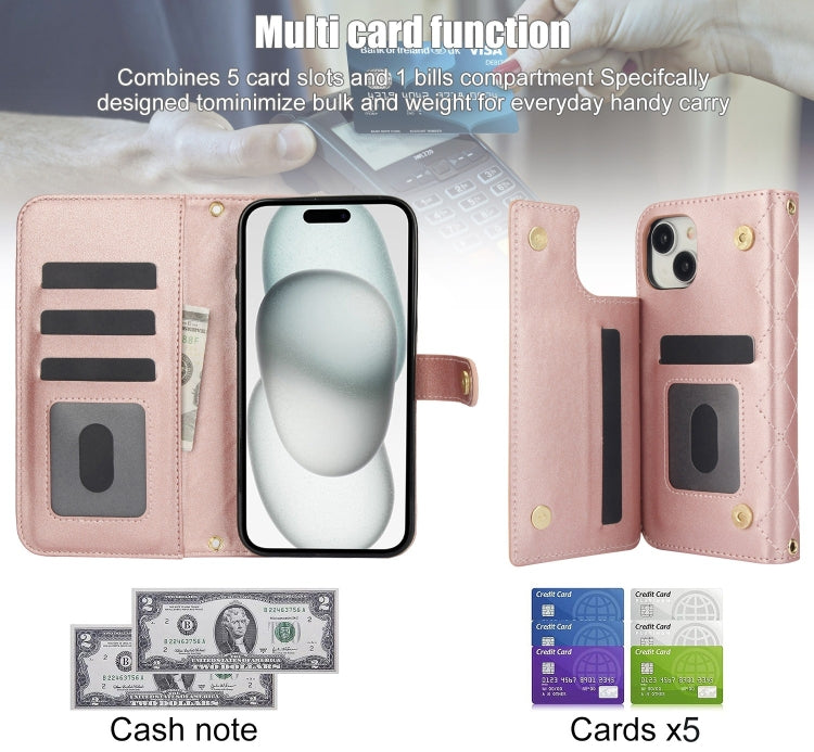 For iPhone 15 Plus Crossbody Multifunction Rhombic Leather Phone Case(Rose Gold) - iPhone 15 Plus Cases by buy2fix | Online Shopping UK | buy2fix