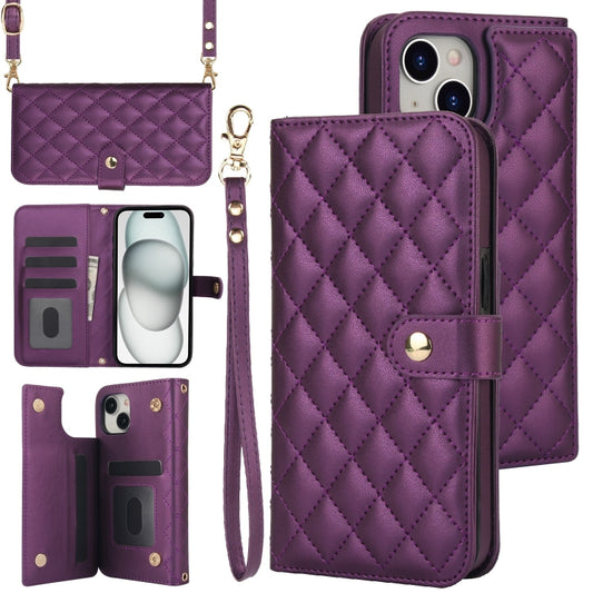 For iPhone 15 Plus Crossbody Multifunction Rhombic Leather Phone Case(Dark Purple) - iPhone 15 Plus Cases by buy2fix | Online Shopping UK | buy2fix