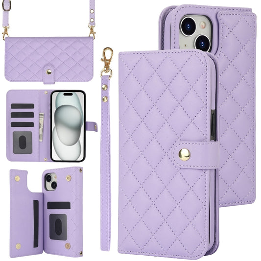 For iPhone 15 Plus Crossbody Multifunction Rhombic Leather Phone Case(Purple) - iPhone 15 Plus Cases by buy2fix | Online Shopping UK | buy2fix
