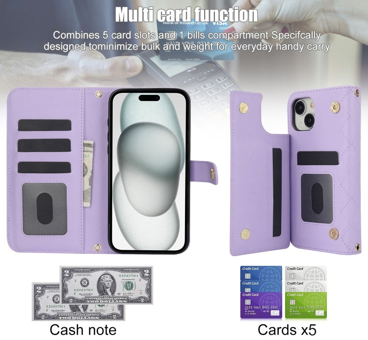 For iPhone 15 Plus Crossbody Multifunction Rhombic Leather Phone Case(Purple) - iPhone 15 Plus Cases by buy2fix | Online Shopping UK | buy2fix
