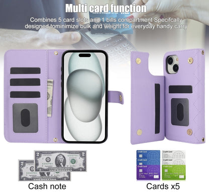 For iPhone 15 Plus Crossbody Multifunction Rhombic Leather Phone Case(Purple) - iPhone 15 Plus Cases by buy2fix | Online Shopping UK | buy2fix