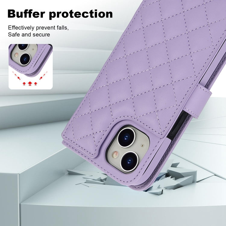 For iPhone 15 Plus Crossbody Multifunction Rhombic Leather Phone Case(Purple) - iPhone 15 Plus Cases by buy2fix | Online Shopping UK | buy2fix