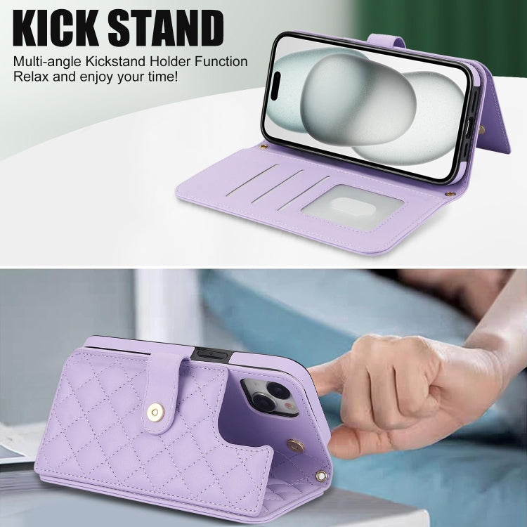 For iPhone 15 Plus Crossbody Multifunction Rhombic Leather Phone Case(Purple) - iPhone 15 Plus Cases by buy2fix | Online Shopping UK | buy2fix