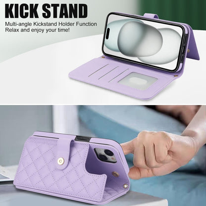 For iPhone 15 Plus Crossbody Multifunction Rhombic Leather Phone Case(Purple) - iPhone 15 Plus Cases by buy2fix | Online Shopping UK | buy2fix