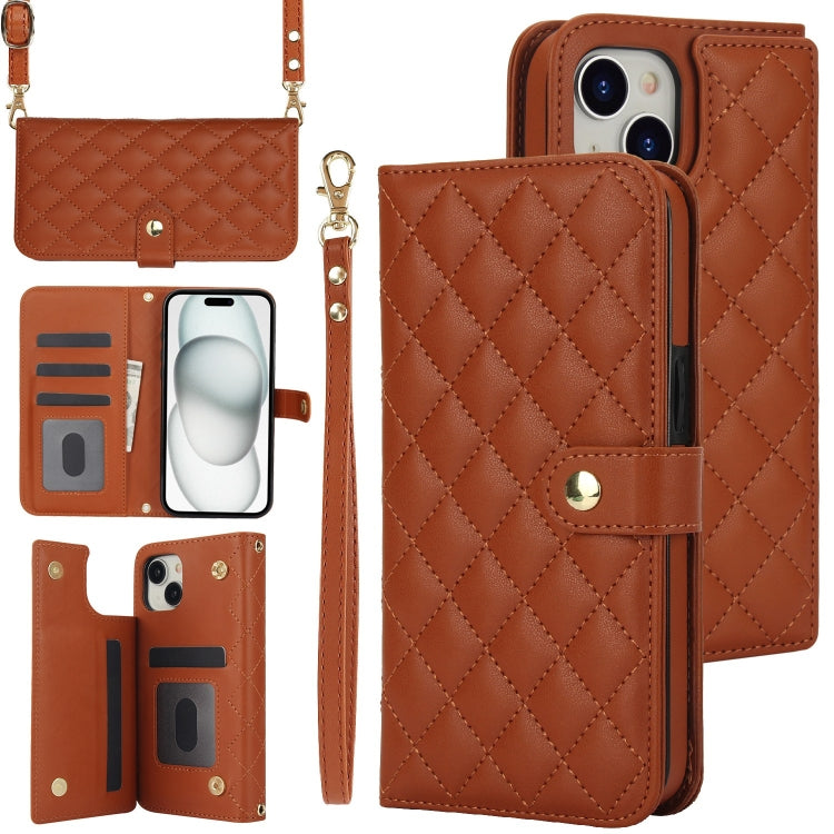 For iPhone 15 Plus Crossbody Multifunction Rhombic Leather Phone Case(Brown) - iPhone 15 Plus Cases by buy2fix | Online Shopping UK | buy2fix