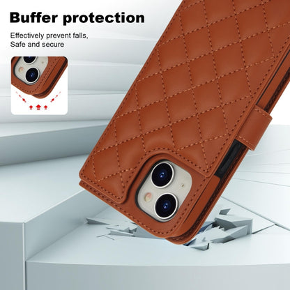For iPhone 15 Plus Crossbody Multifunction Rhombic Leather Phone Case(Brown) - iPhone 15 Plus Cases by buy2fix | Online Shopping UK | buy2fix