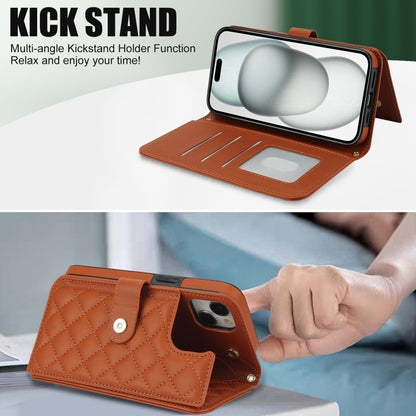 For iPhone 15 Plus Crossbody Multifunction Rhombic Leather Phone Case(Brown) - iPhone 15 Plus Cases by buy2fix | Online Shopping UK | buy2fix