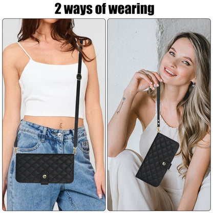 For iPhone 15 Crossbody Multifunction Rhombic Leather Phone Case(Black) - iPhone 15 Cases by buy2fix | Online Shopping UK | buy2fix