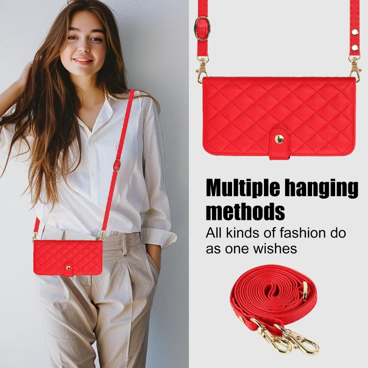 For iPhone 15 Crossbody Multifunction Rhombic Leather Phone Case(Red) - iPhone 15 Cases by buy2fix | Online Shopping UK | buy2fix