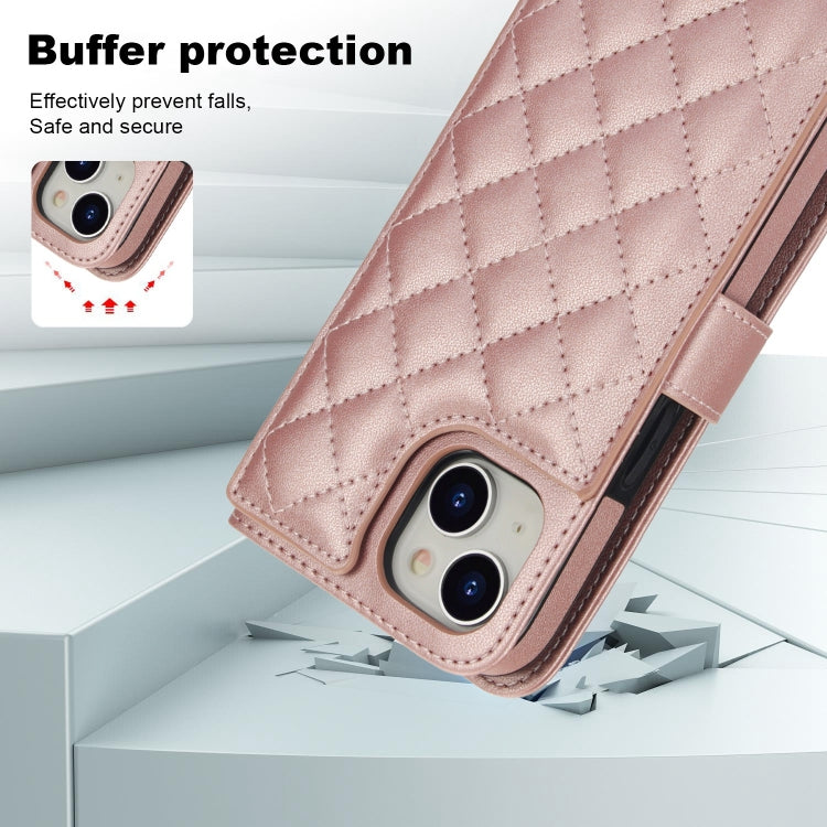 For iPhone 15 Crossbody Multifunction Rhombic Leather Phone Case(Rose Gold) - iPhone 15 Cases by buy2fix | Online Shopping UK | buy2fix