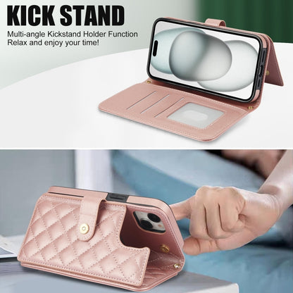 For iPhone 15 Crossbody Multifunction Rhombic Leather Phone Case(Rose Gold) - iPhone 15 Cases by buy2fix | Online Shopping UK | buy2fix