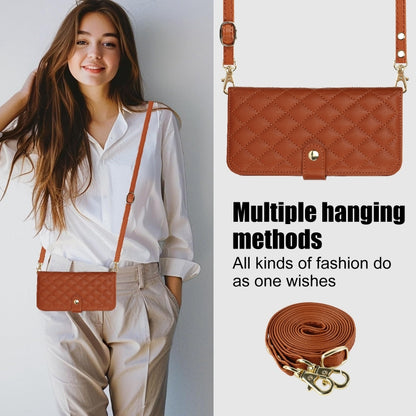 For iPhone 15 Crossbody Multifunction Rhombic Leather Phone Case(Brown) - iPhone 15 Cases by buy2fix | Online Shopping UK | buy2fix