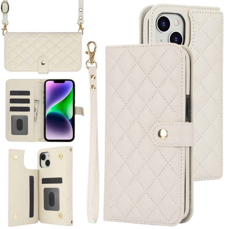 For iPhone 14 Plus Crossbody Multifunction Rhombic Leather Phone Case(White) - iPhone 14 Plus Cases by buy2fix | Online Shopping UK | buy2fix