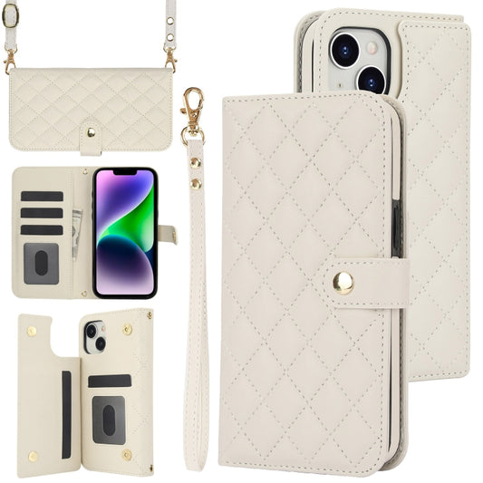 For iPhone 14 Plus Crossbody Multifunction Rhombic Leather Phone Case(White) - iPhone 14 Plus Cases by buy2fix | Online Shopping UK | buy2fix