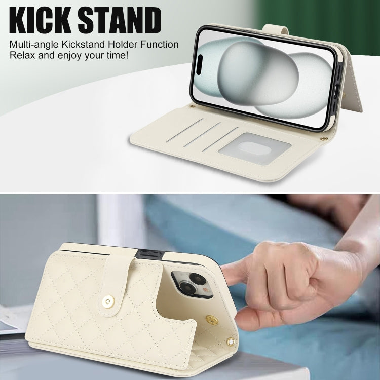 For iPhone 14 Plus Crossbody Multifunction Rhombic Leather Phone Case(White) - iPhone 14 Plus Cases by buy2fix | Online Shopping UK | buy2fix