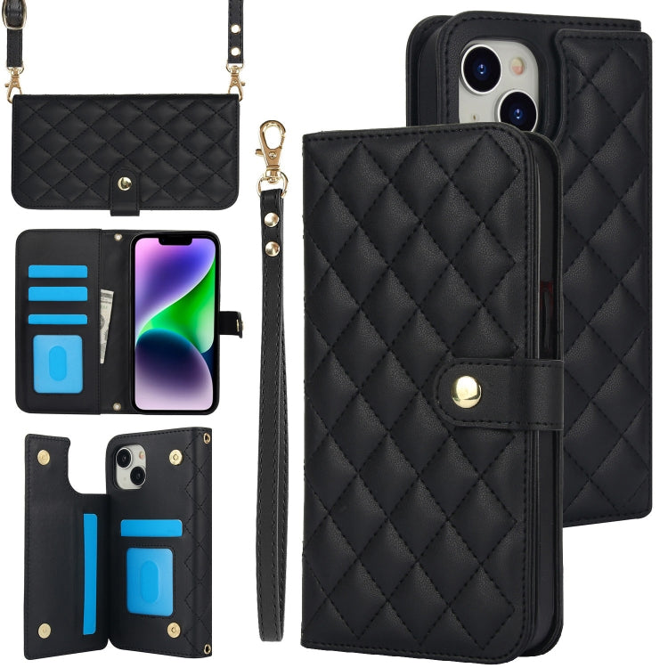 For iPhone 14 Plus Crossbody Multifunction Rhombic Leather Phone Case(Black) - iPhone 14 Plus Cases by buy2fix | Online Shopping UK | buy2fix