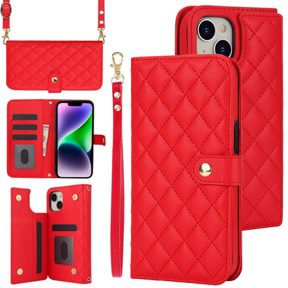 For iPhone 14 Plus Crossbody Multifunction Rhombic Leather Phone Case(Red) - iPhone 14 Plus Cases by buy2fix | Online Shopping UK | buy2fix