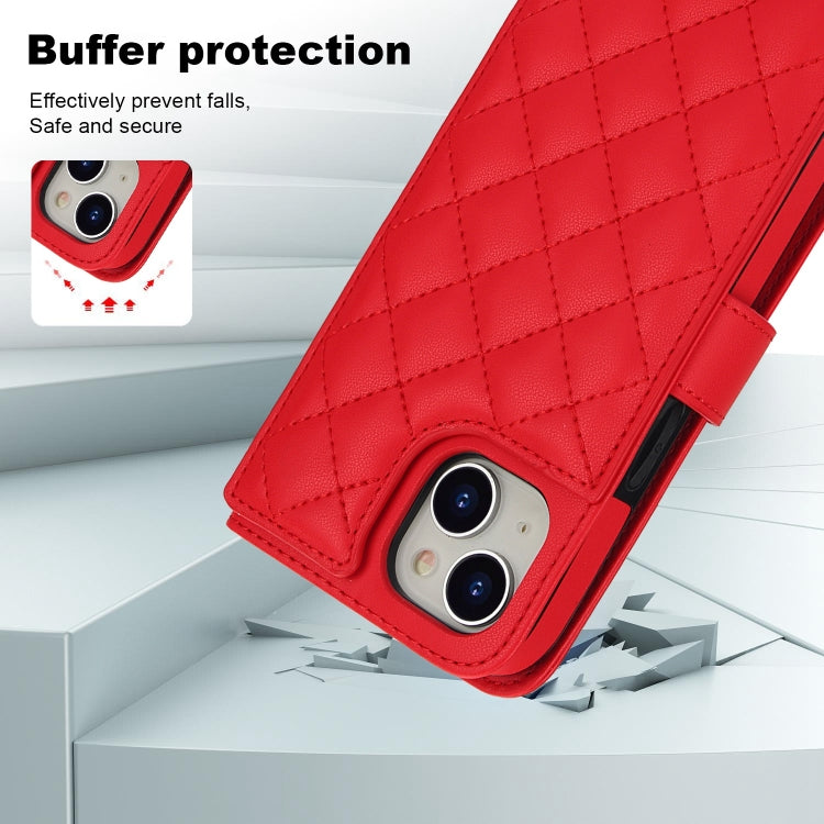 For iPhone 14 Plus Crossbody Multifunction Rhombic Leather Phone Case(Red) - iPhone 14 Plus Cases by buy2fix | Online Shopping UK | buy2fix