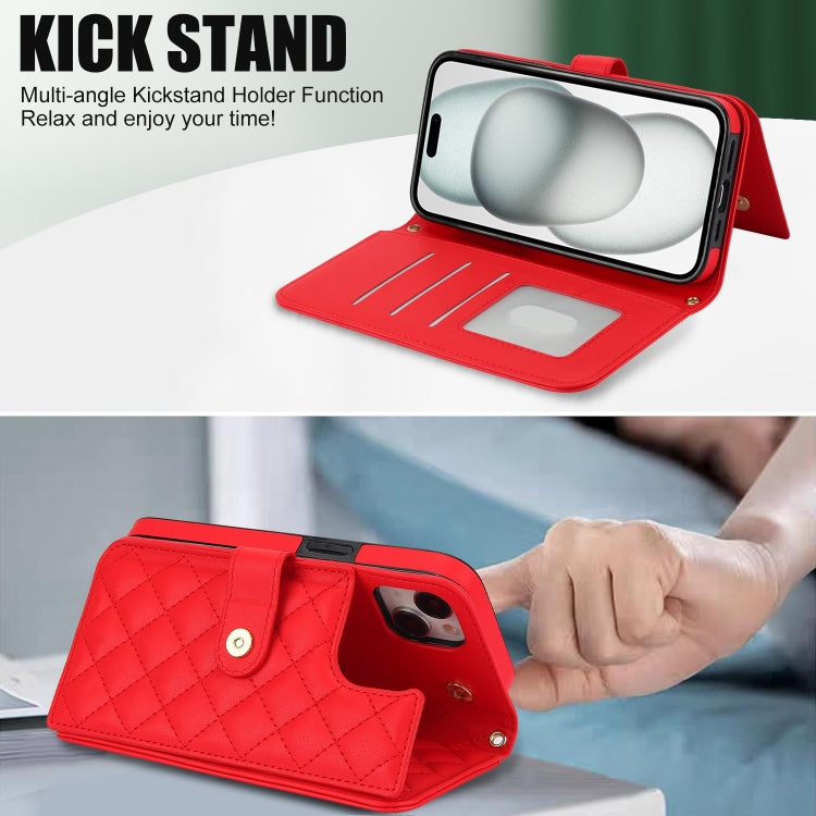 For iPhone 14 Plus Crossbody Multifunction Rhombic Leather Phone Case(Red) - iPhone 14 Plus Cases by buy2fix | Online Shopping UK | buy2fix